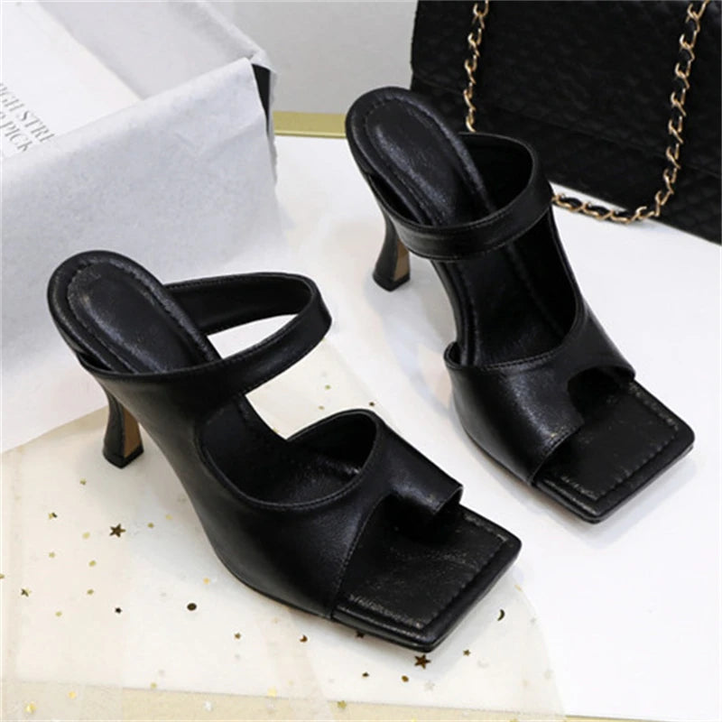 Elegant High Quality Stiletto Peep Toe Hand-Made Square Toe Sandals