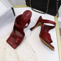 Elegant High Quality Stiletto Peep Toe Hand-Made Square Toe Sandals
