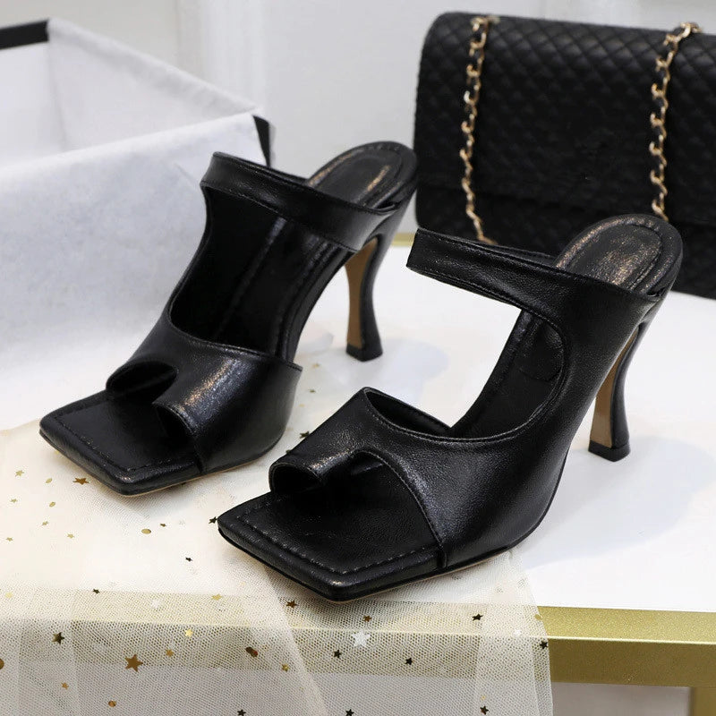 Elegant High Quality Stiletto Peep Toe Hand-Made Square Toe Sandals