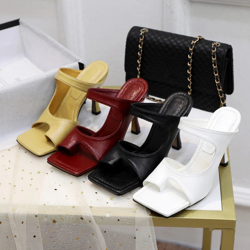 Elegant High Quality Stiletto Peep Toe Hand-Made Square Toe Sandals