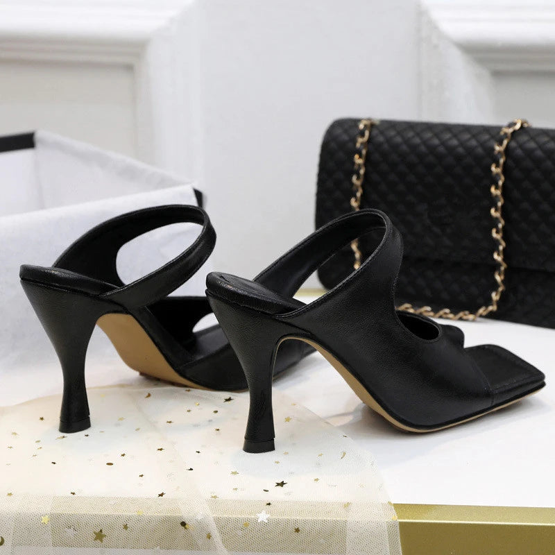 Elegant High Quality Stiletto Peep Toe Hand-Made Square Toe Sandals