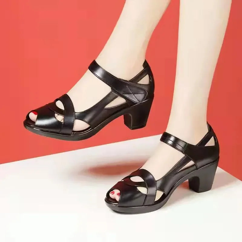 Classic Hollow Out Breathable Leather Peep Toe High Heel Sandal