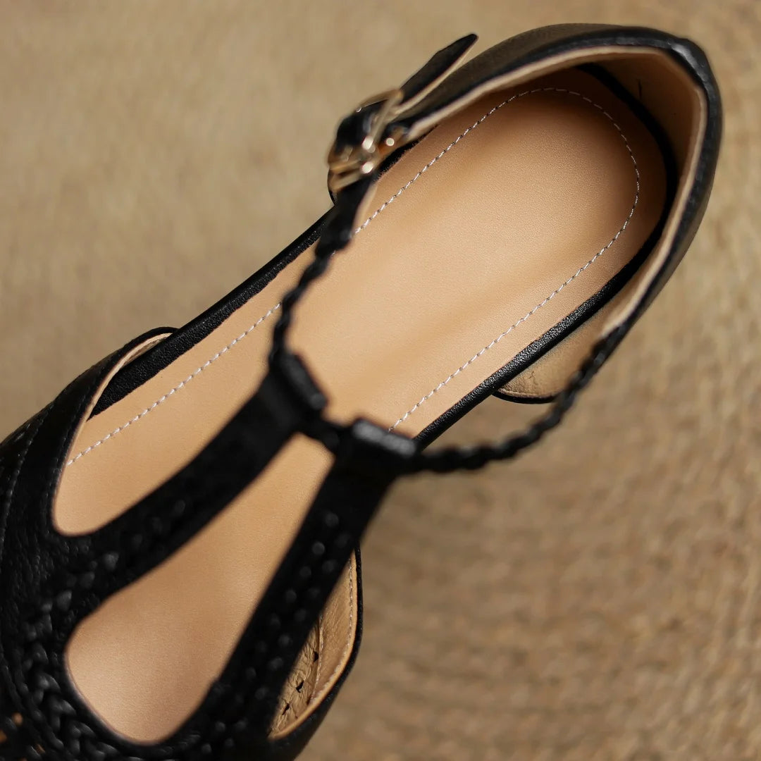 Elegant Hollow-out Sheepskin Narrow Band T-strap Flats Sandals