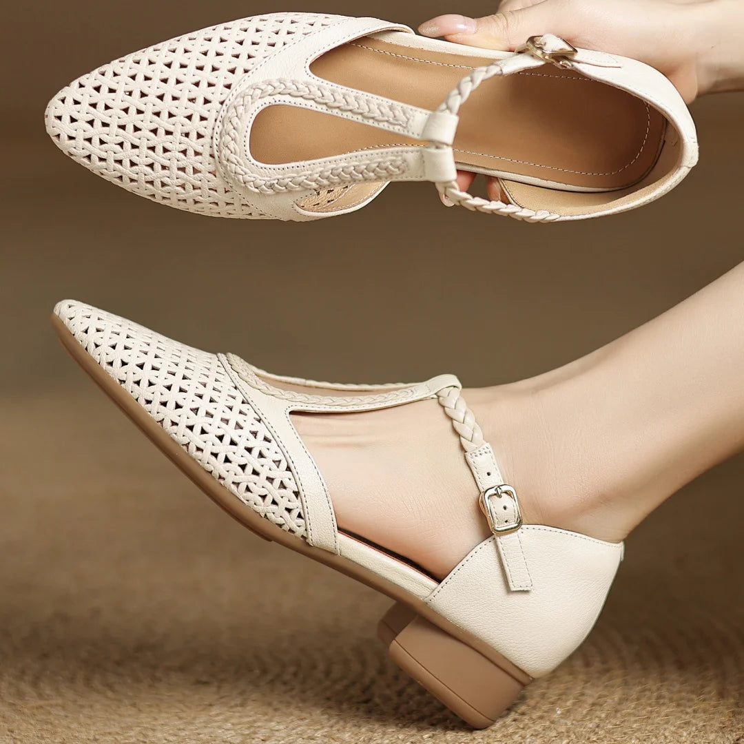 Elegant Hollow-out Sheepskin Narrow Band T-strap Flats Sandals