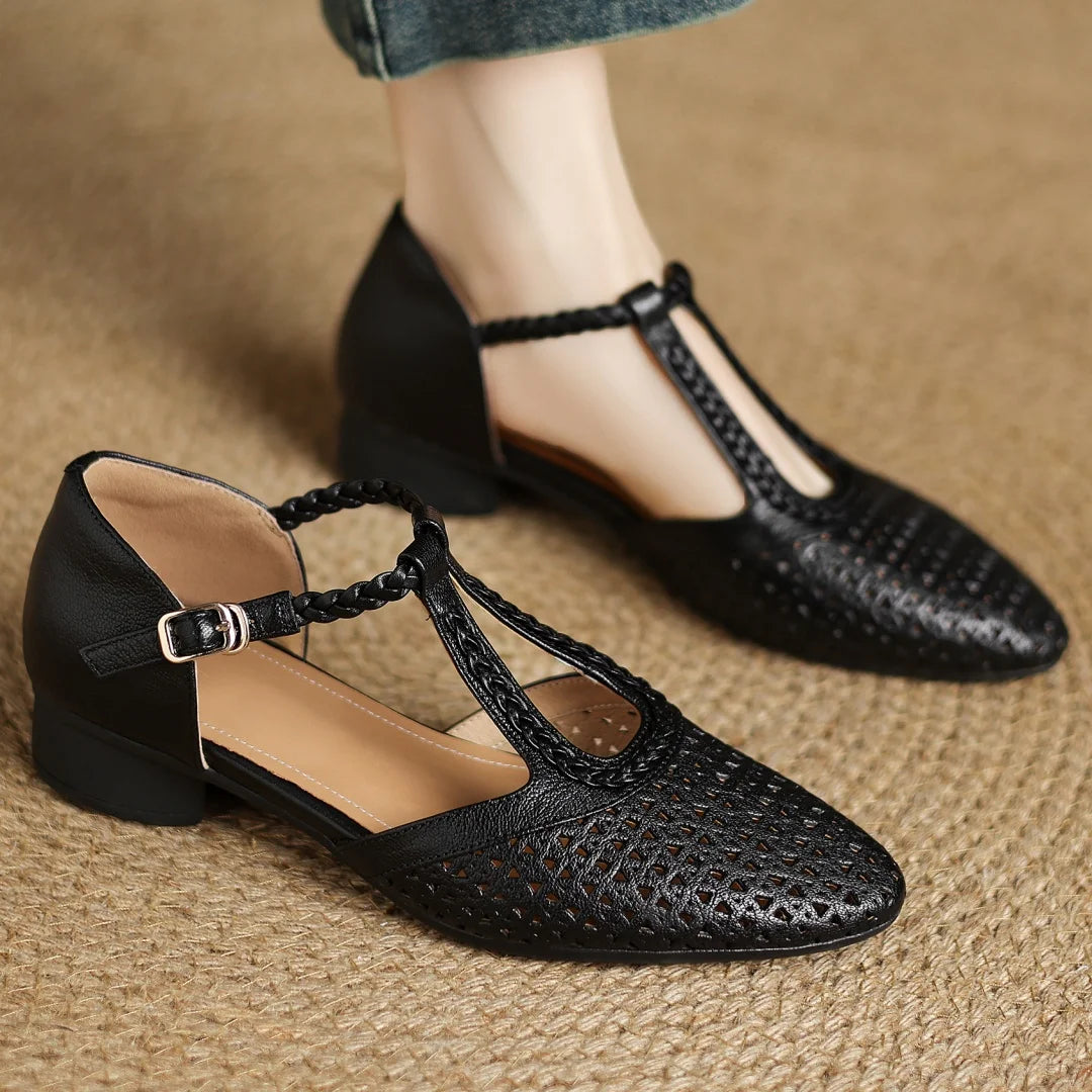 Elegant Hollow-out Sheepskin Narrow Band T-strap Flats Sandals