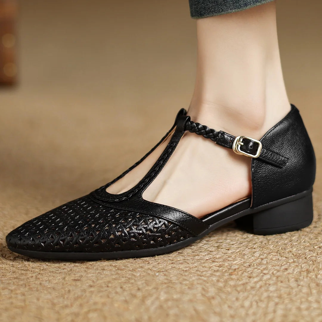 Elegant Hollow-out Sheepskin Narrow Band T-strap Flats Sandals