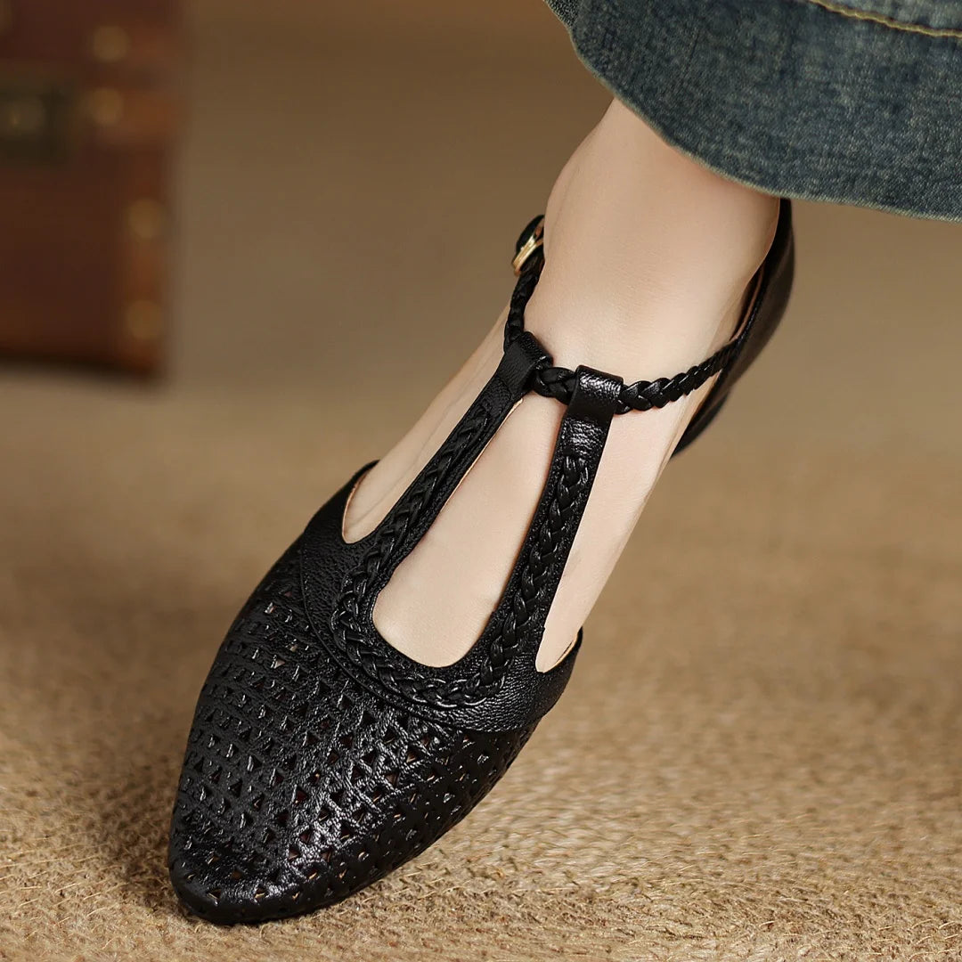 Elegant Hollow-out Sheepskin Narrow Band T-strap Flats Sandals