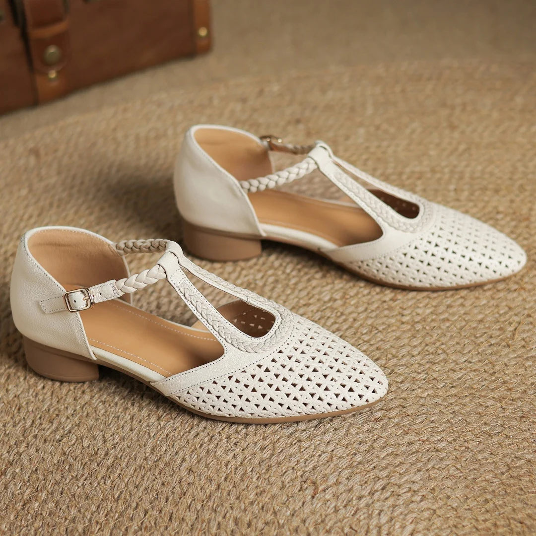 Elegant Hollow-out Sheepskin Narrow Band T-strap Flats Sandals