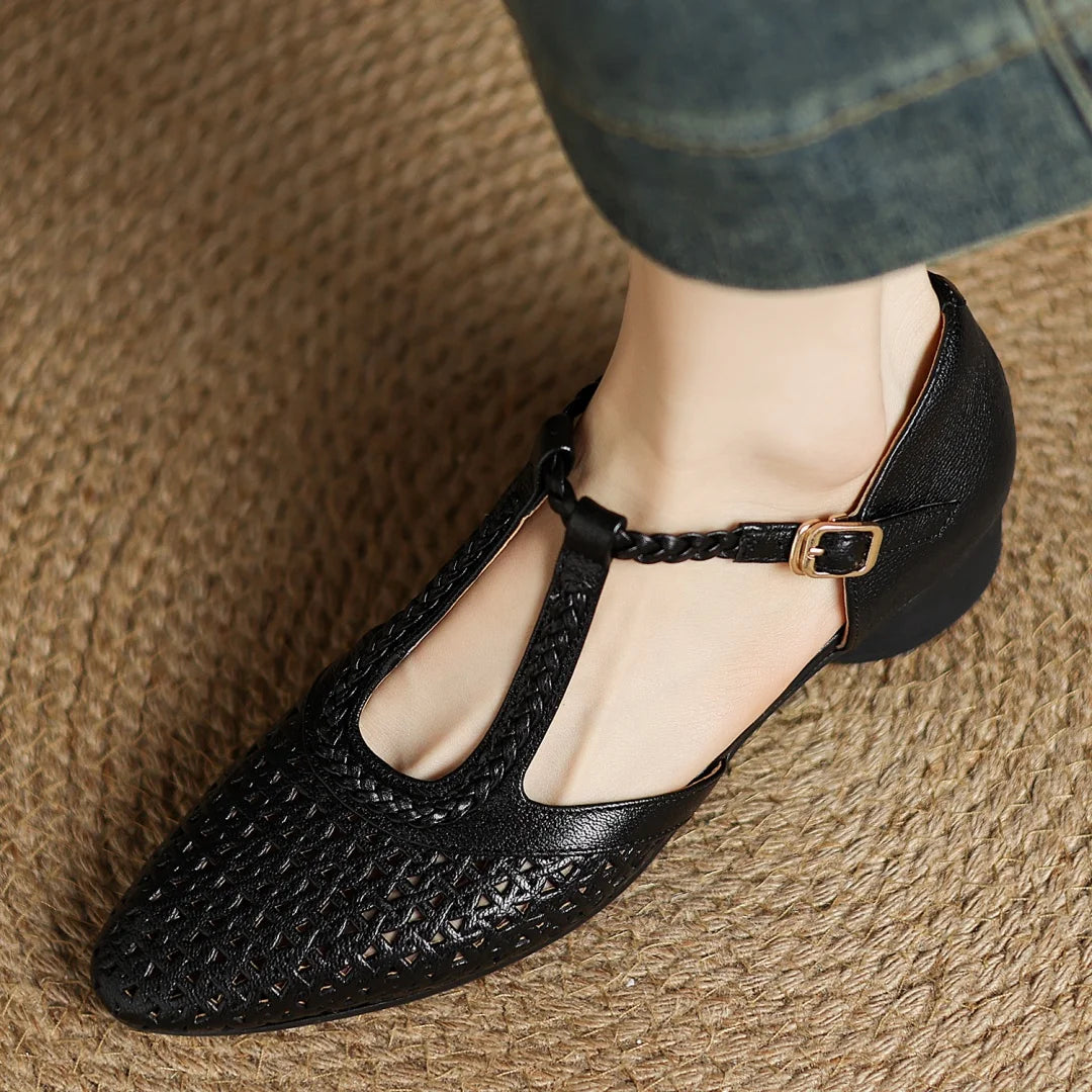 Elegant Hollow-out Sheepskin Narrow Band T-strap Flats Sandals