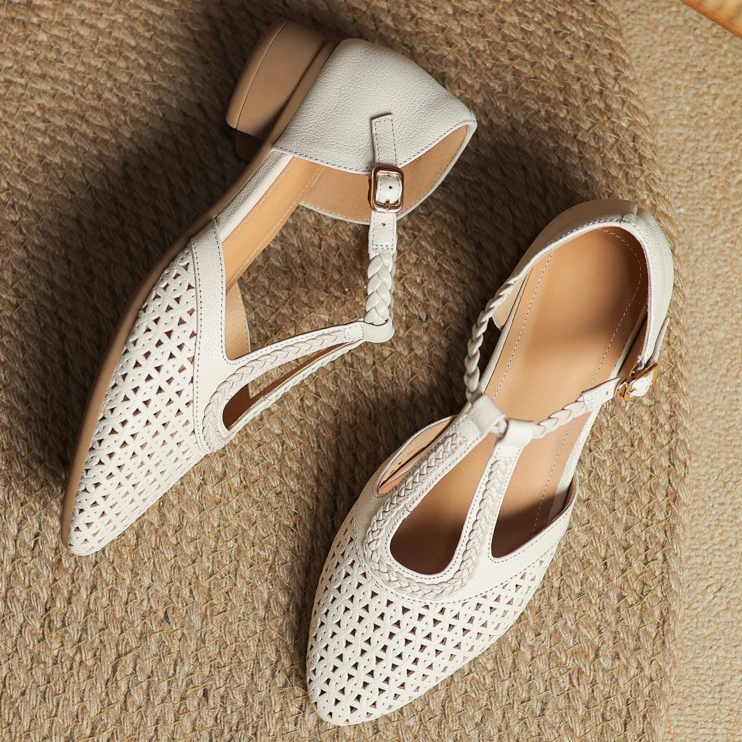 Elegant Hollow-out Sheepskin Narrow Band T-strap Flats Sandals