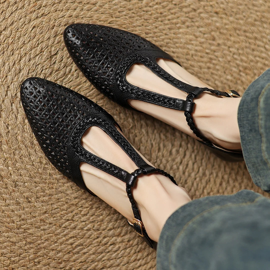 Elegant Hollow-out Sheepskin Narrow Band T-strap Flats Sandals
