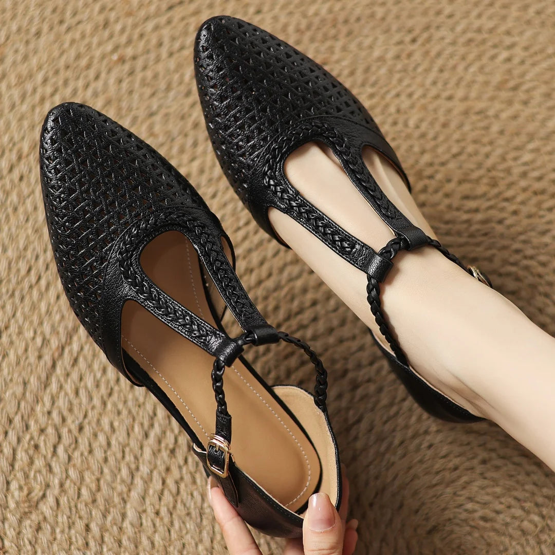 Elegant Hollow-out Sheepskin Narrow Band T-strap Flats Sandals