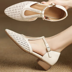 Elegant Hollow-out Sheepskin Narrow Band T-strap Flats Sandals
