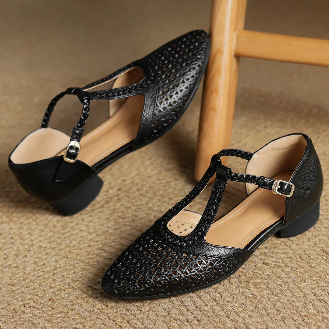 Elegant Hollow-out Sheepskin Narrow Band T-strap Flats Sandals