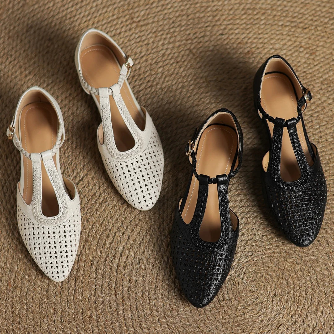Elegant Hollow-out Sheepskin Narrow Band T-strap Flats Sandals