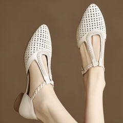 Elegant Hollow-out Sheepskin Narrow Band T-strap Flats Sandals