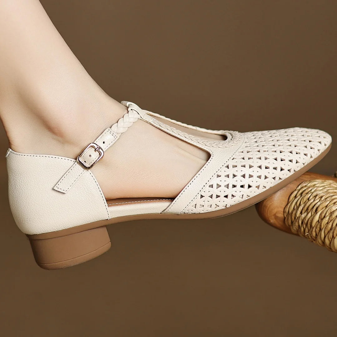 Elegant Hollow-out Sheepskin Narrow Band T-strap Flats Sandals
