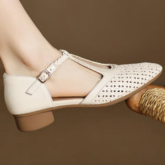 Elegant Hollow-out Sheepskin Narrow Band T-strap Flats Sandals