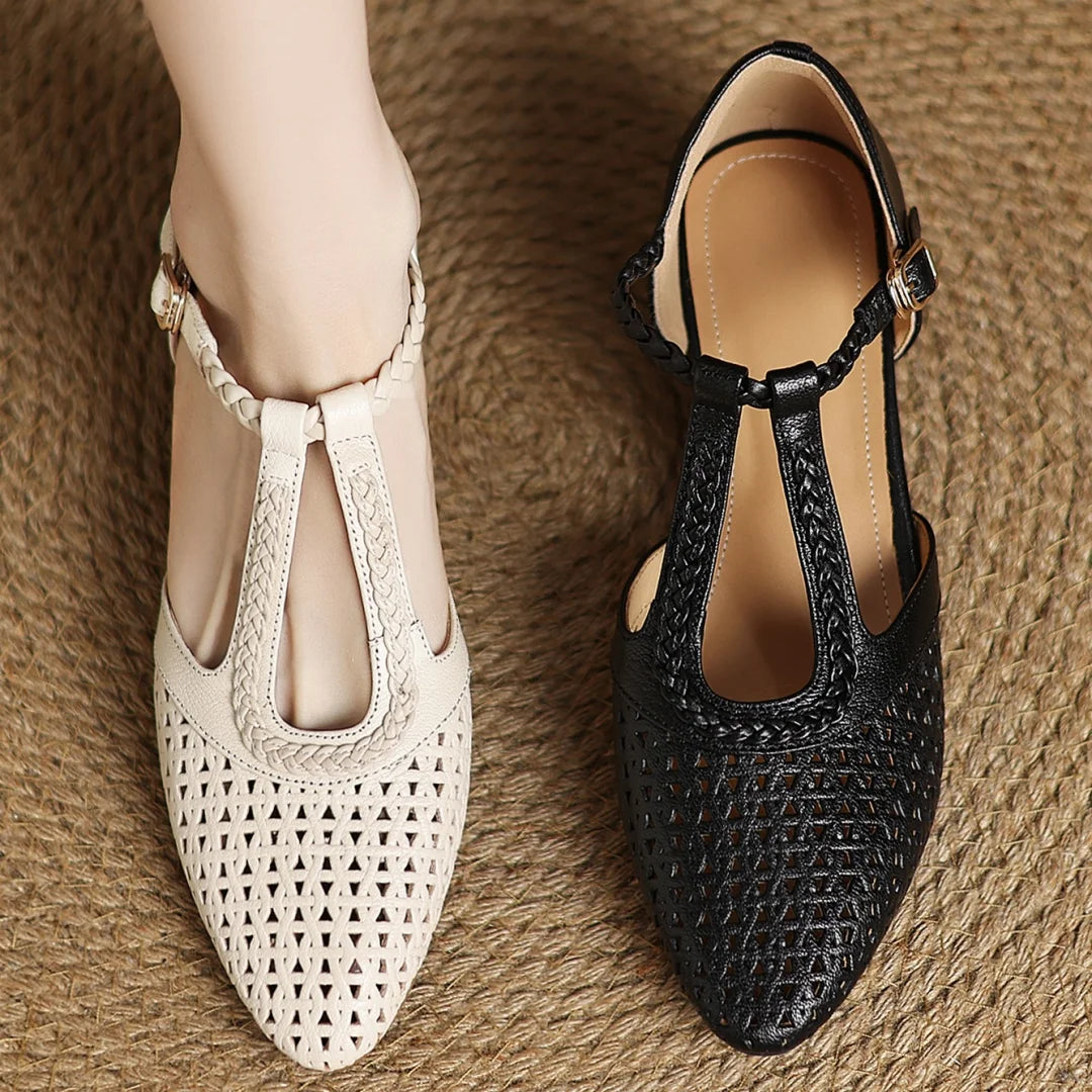 Elegant Hollow-out Sheepskin Narrow Band T-strap Flats Sandals