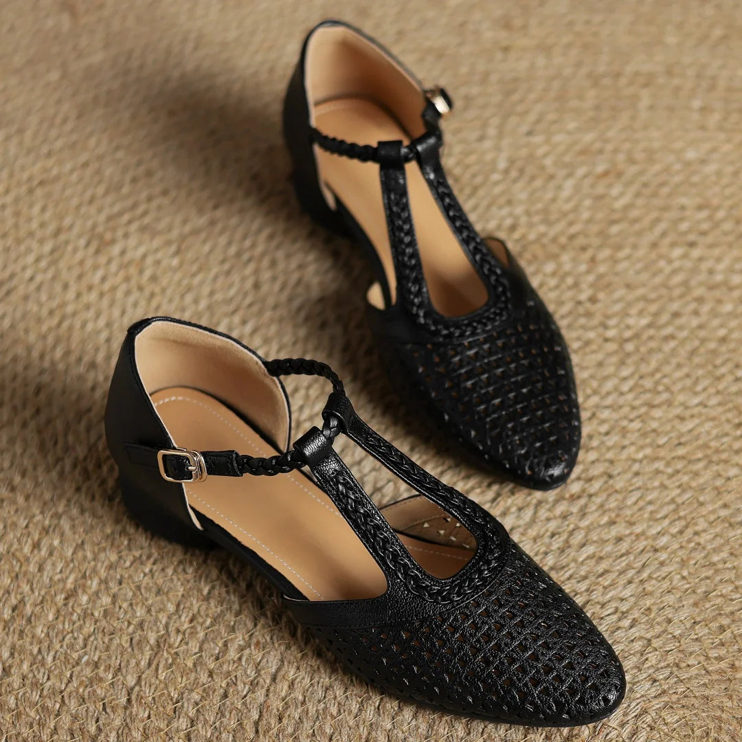 Elegant Hollow-out Sheepskin Narrow Band T-strap Flats Sandals