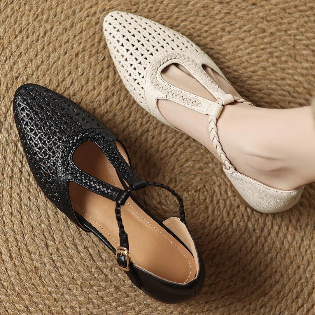 Elegant Hollow-out Sheepskin Narrow Band T-strap Flats Sandals