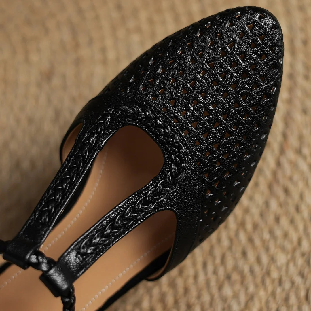 Elegant Hollow-out Sheepskin Narrow Band T-strap Flats Sandals