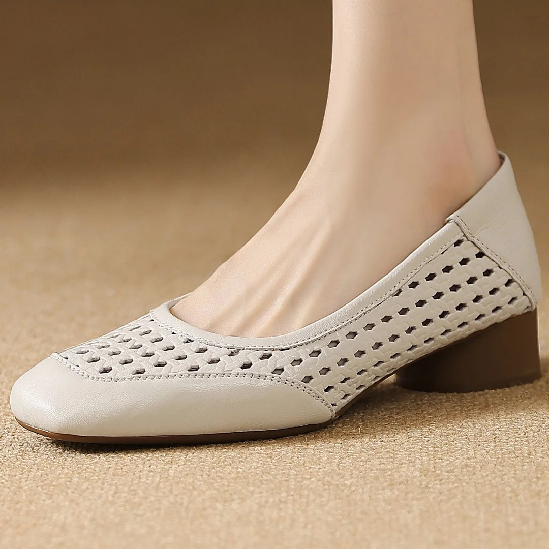 Elegant Hollow-out Sheepskin Patchwork Slip-on Breathable Thick Low Heel Pumps