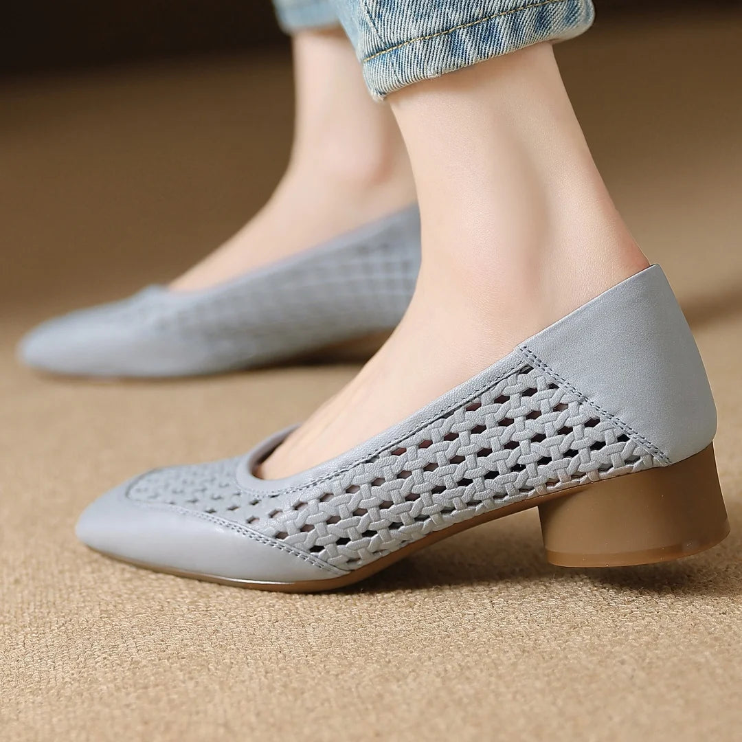 Elegant Hollow-out Sheepskin Patchwork Slip-on Breathable Thick Low Heel Pumps