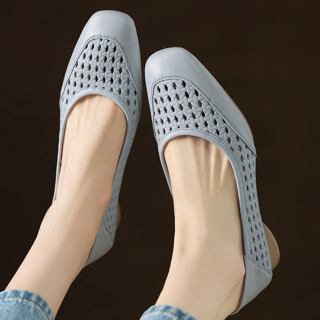 Elegant Hollow-out Sheepskin Patchwork Slip-on Breathable Thick Low Heel Pumps
