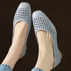 Elegant Hollow-out Sheepskin Patchwork Slip-on Breathable Thick Low Heel Pumps