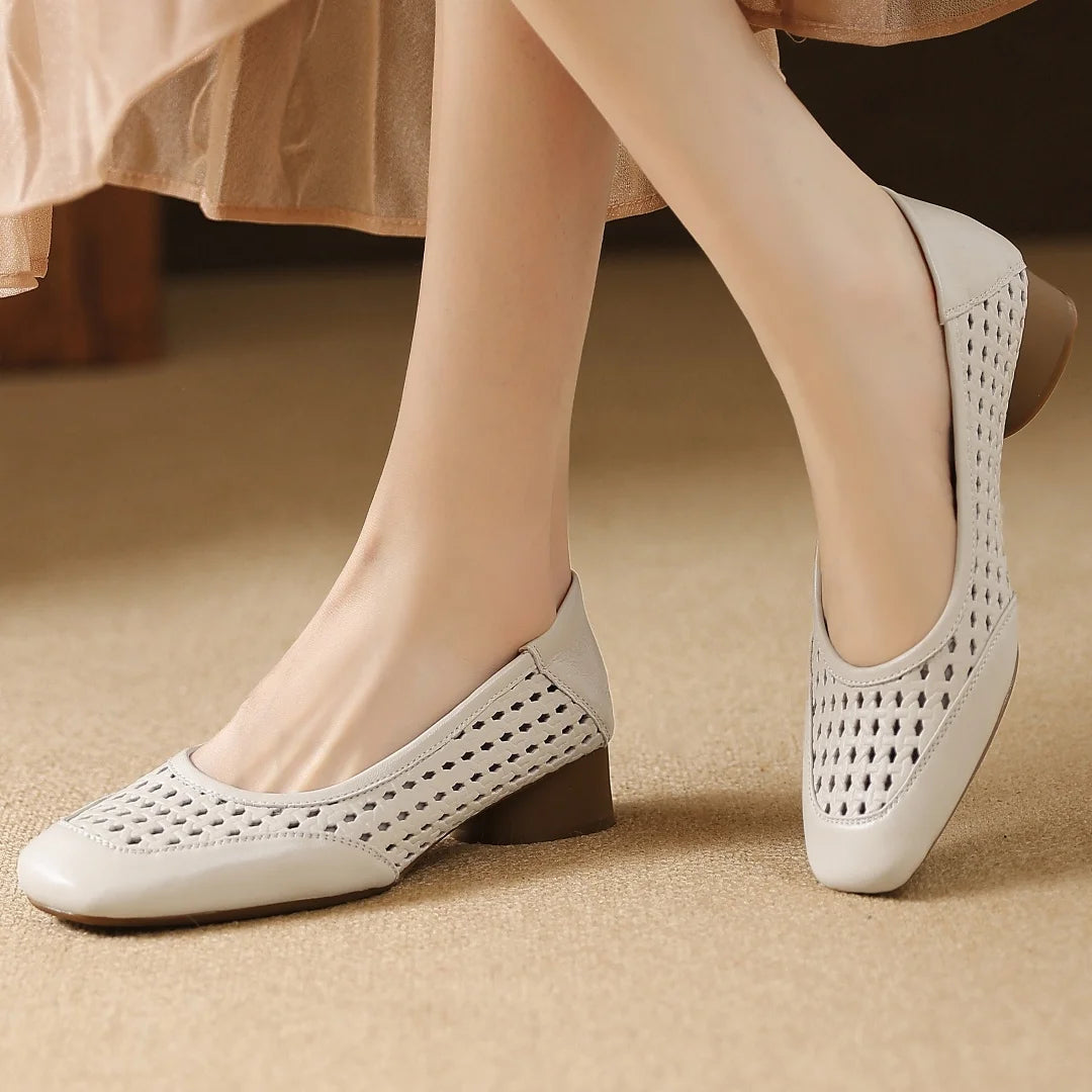 Elegant Hollow-out Sheepskin Patchwork Slip-on Breathable Thick Low Heel Pumps