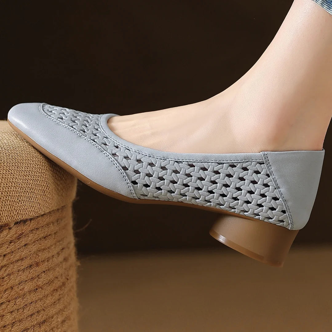 Elegant Hollow-out Sheepskin Patchwork Slip-on Breathable Thick Low Heel Pumps