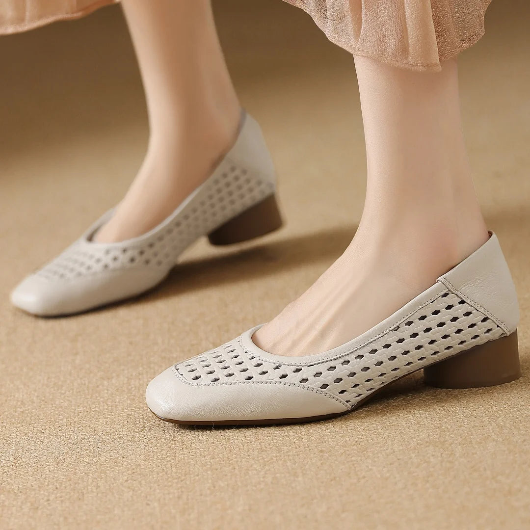 Elegant Hollow-out Sheepskin Patchwork Slip-on Breathable Thick Low Heel Pumps