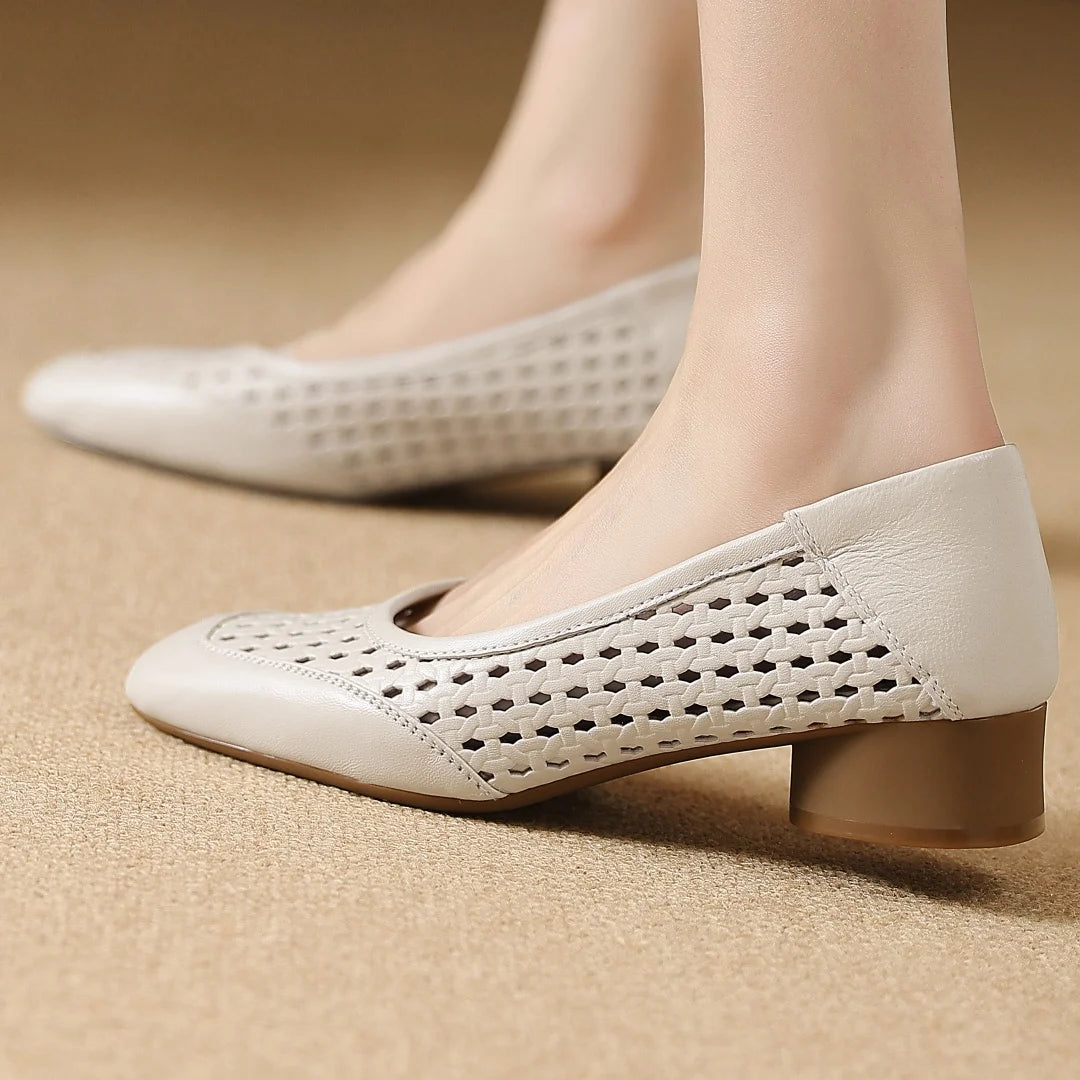 Elegant Hollow-out Sheepskin Patchwork Slip-on Breathable Thick Low Heel Pumps