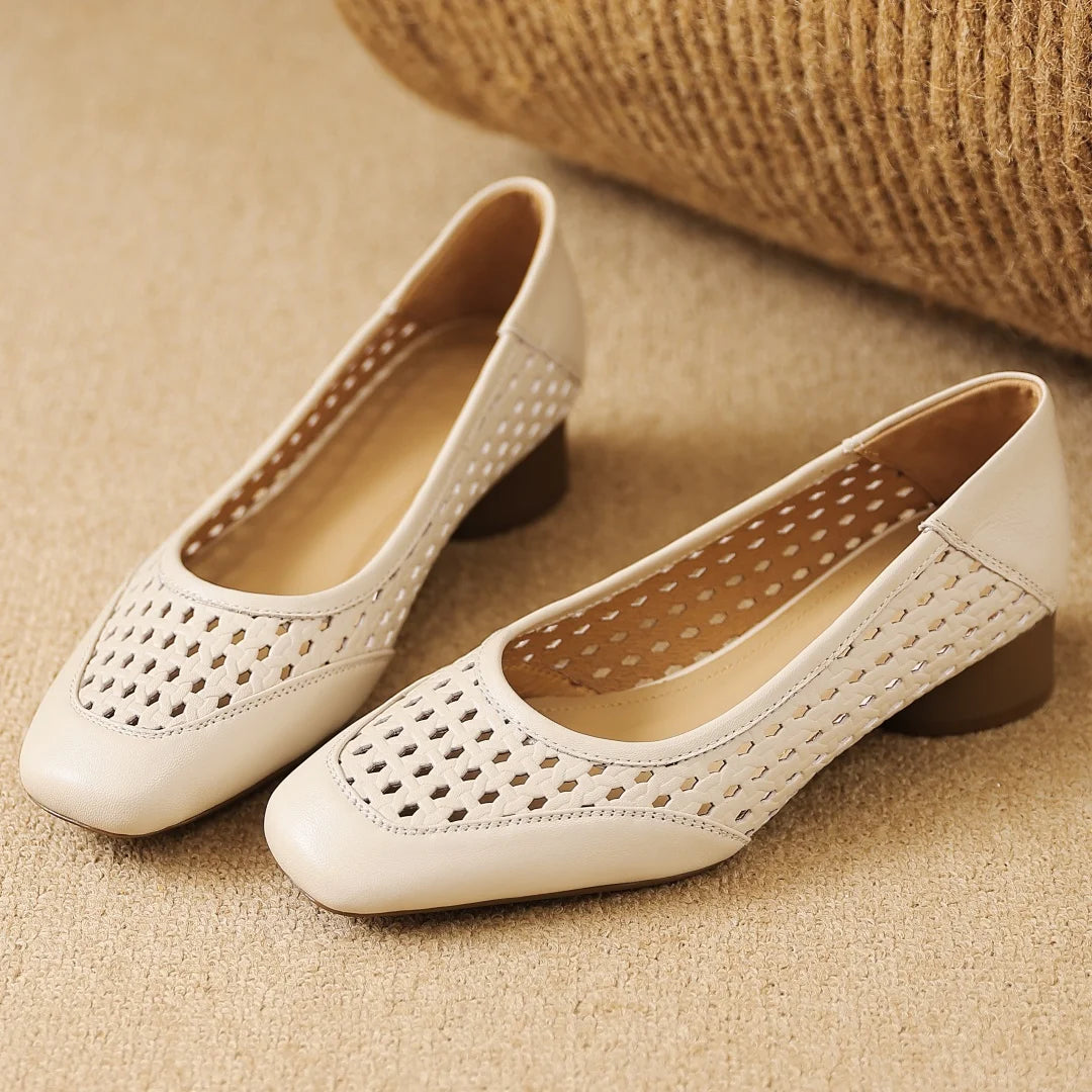 Elegant Hollow-out Sheepskin Patchwork Slip-on Breathable Thick Low Heel Pumps