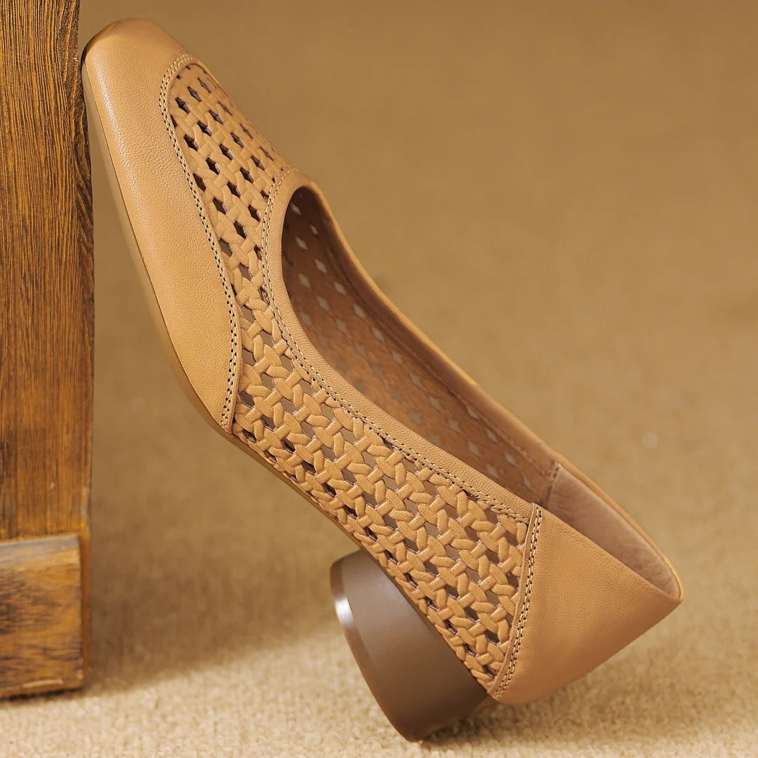 Elegant Hollow-out Sheepskin Patchwork Slip-on Breathable Thick Low Heel Pumps