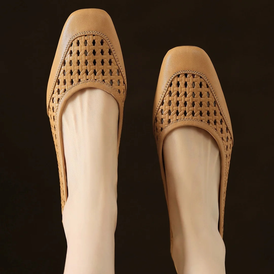 Elegant Hollow-out Sheepskin Patchwork Slip-on Breathable Thick Low Heel Pumps