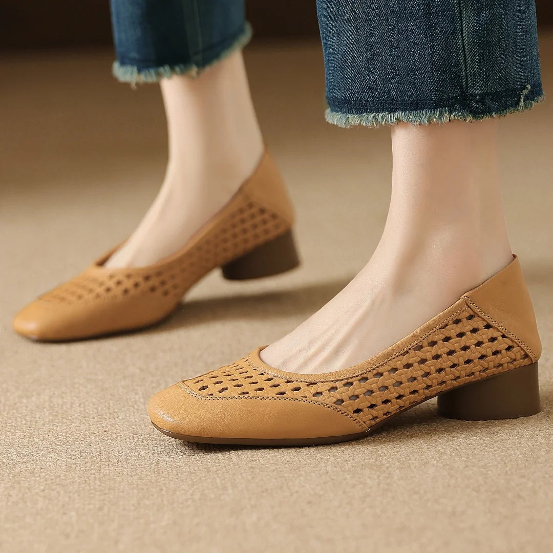 Elegant Hollow-out Sheepskin Patchwork Slip-on Breathable Thick Low Heel Pumps