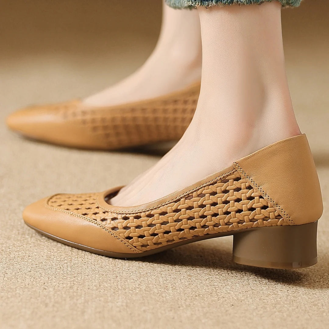Elegant Hollow-out Sheepskin Patchwork Slip-on Breathable Thick Low Heel Pumps