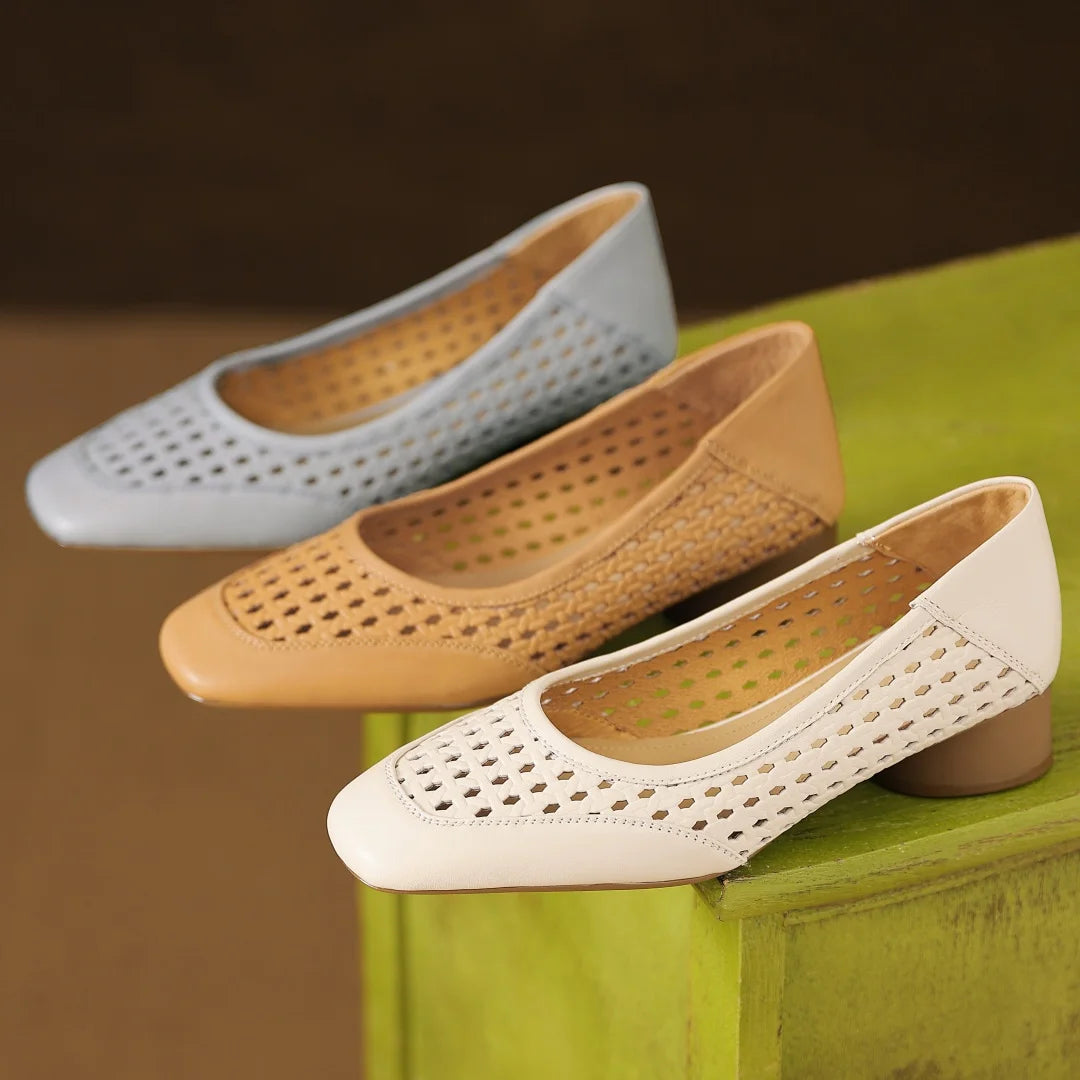 Elegant Hollow-out Sheepskin Patchwork Slip-on Breathable Thick Low Heel Pumps