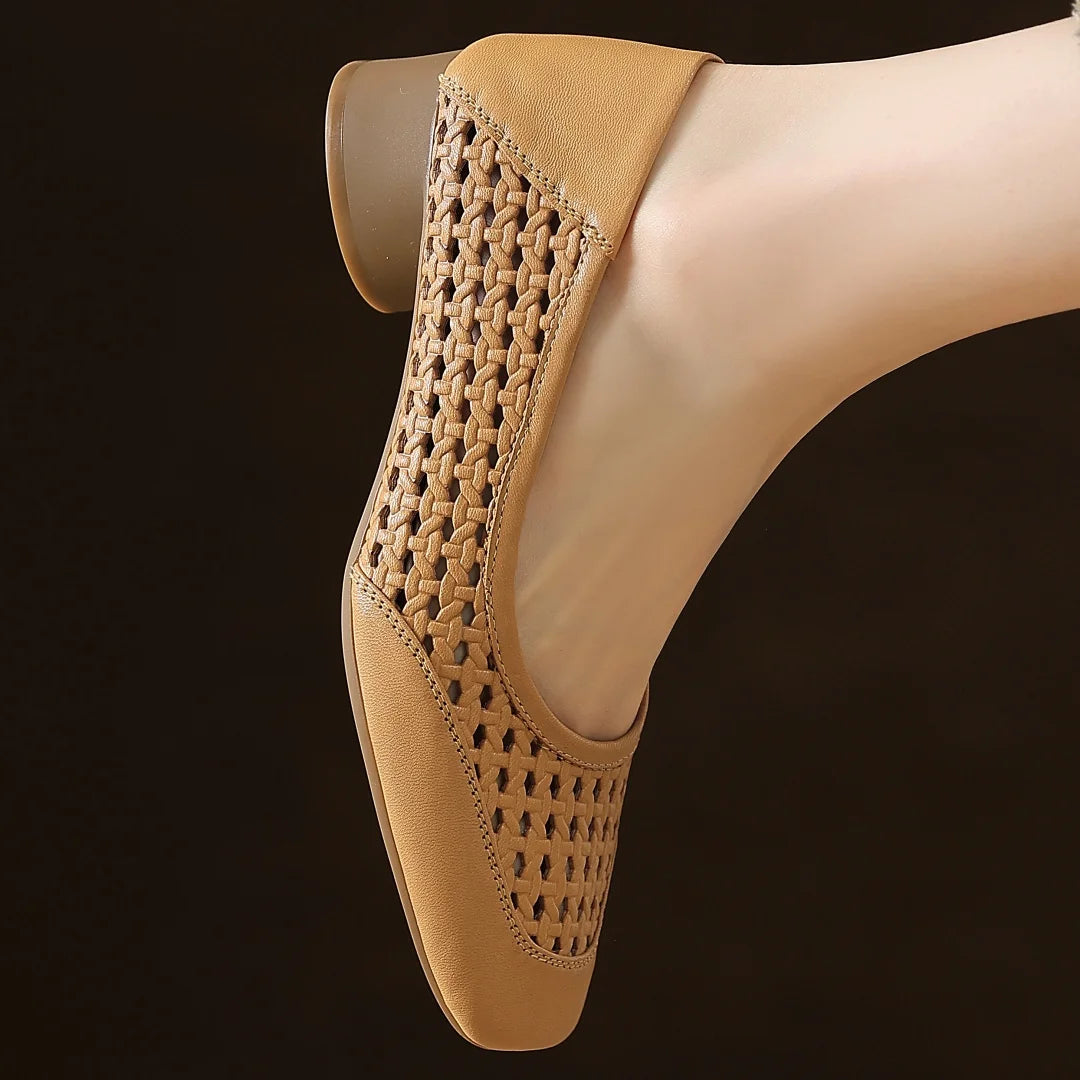 Elegant Hollow-out Sheepskin Patchwork Slip-on Breathable Thick Low Heel Pumps