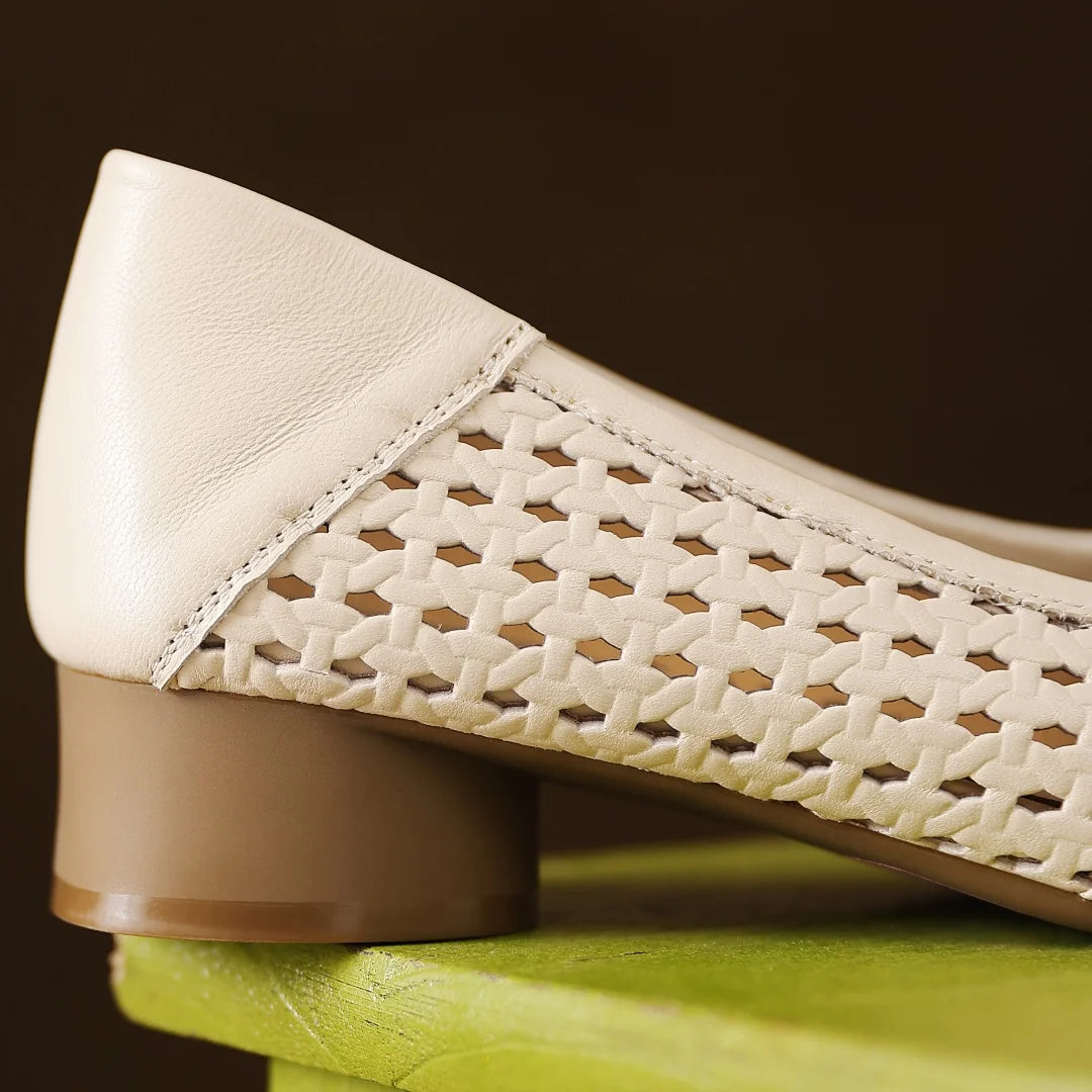 Elegant Hollow-out Sheepskin Patchwork Slip-on Breathable Thick Low Heel Pumps
