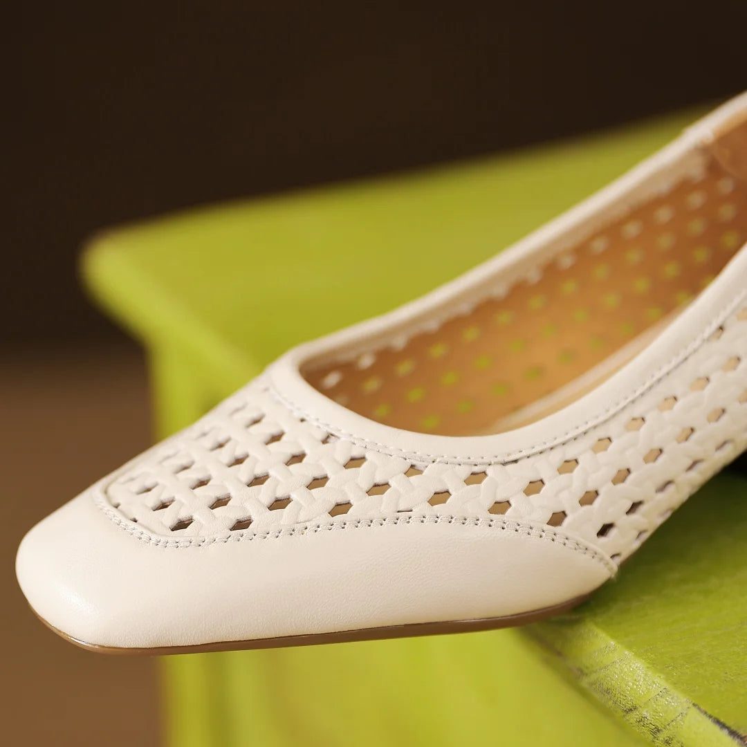 Elegant Hollow-out Sheepskin Patchwork Slip-on Breathable Thick Low Heel Pumps