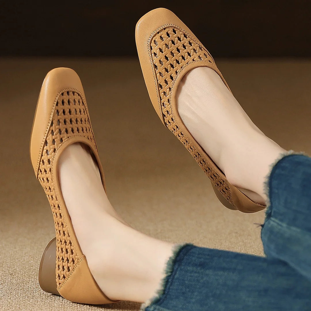 Elegant Hollow-out Sheepskin Patchwork Slip-on Breathable Thick Low Heel Pumps