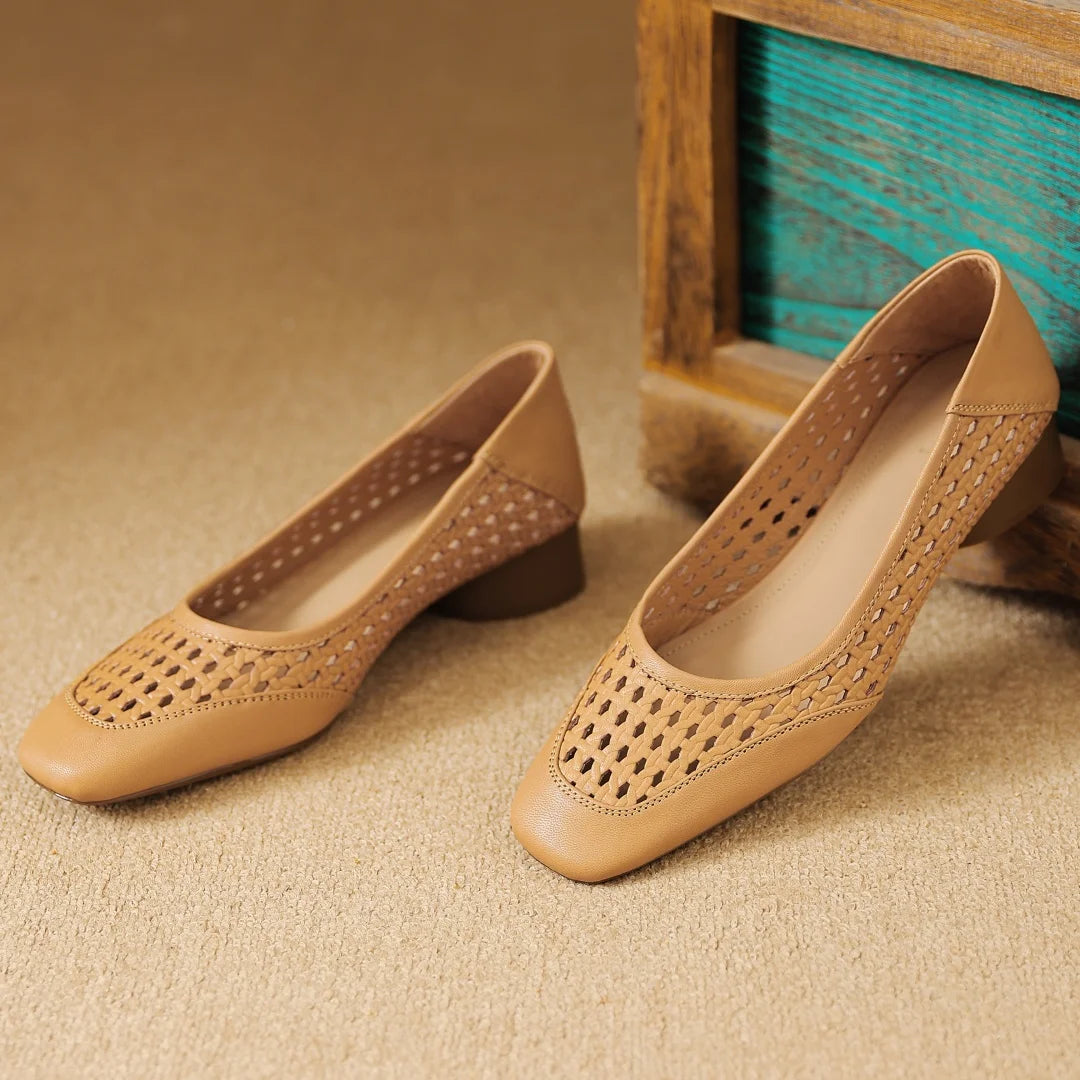Elegant Hollow-out Sheepskin Patchwork Slip-on Breathable Thick Low Heel Pumps
