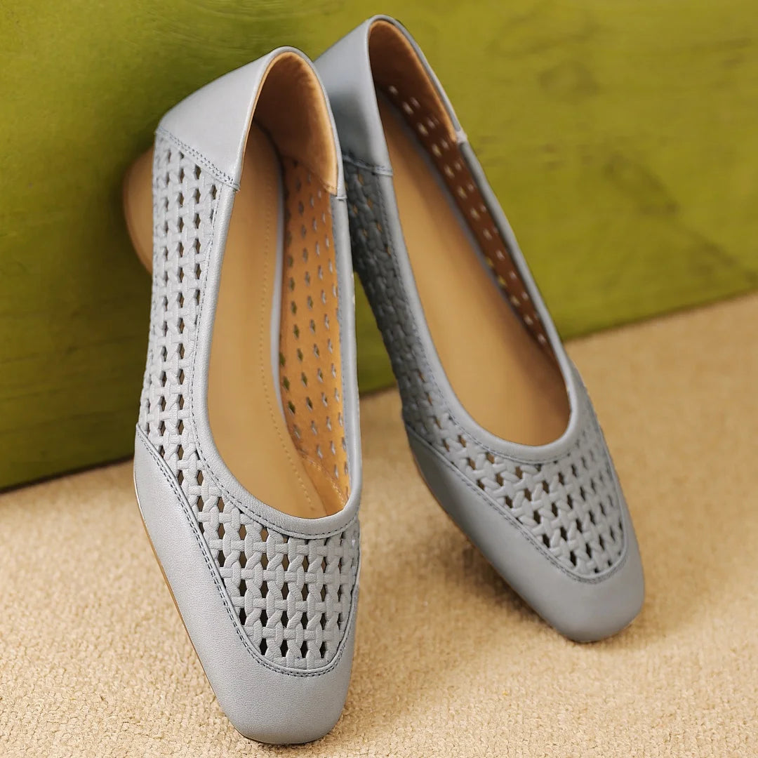 Elegant Hollow-out Sheepskin Patchwork Slip-on Breathable Thick Low Heel Pumps