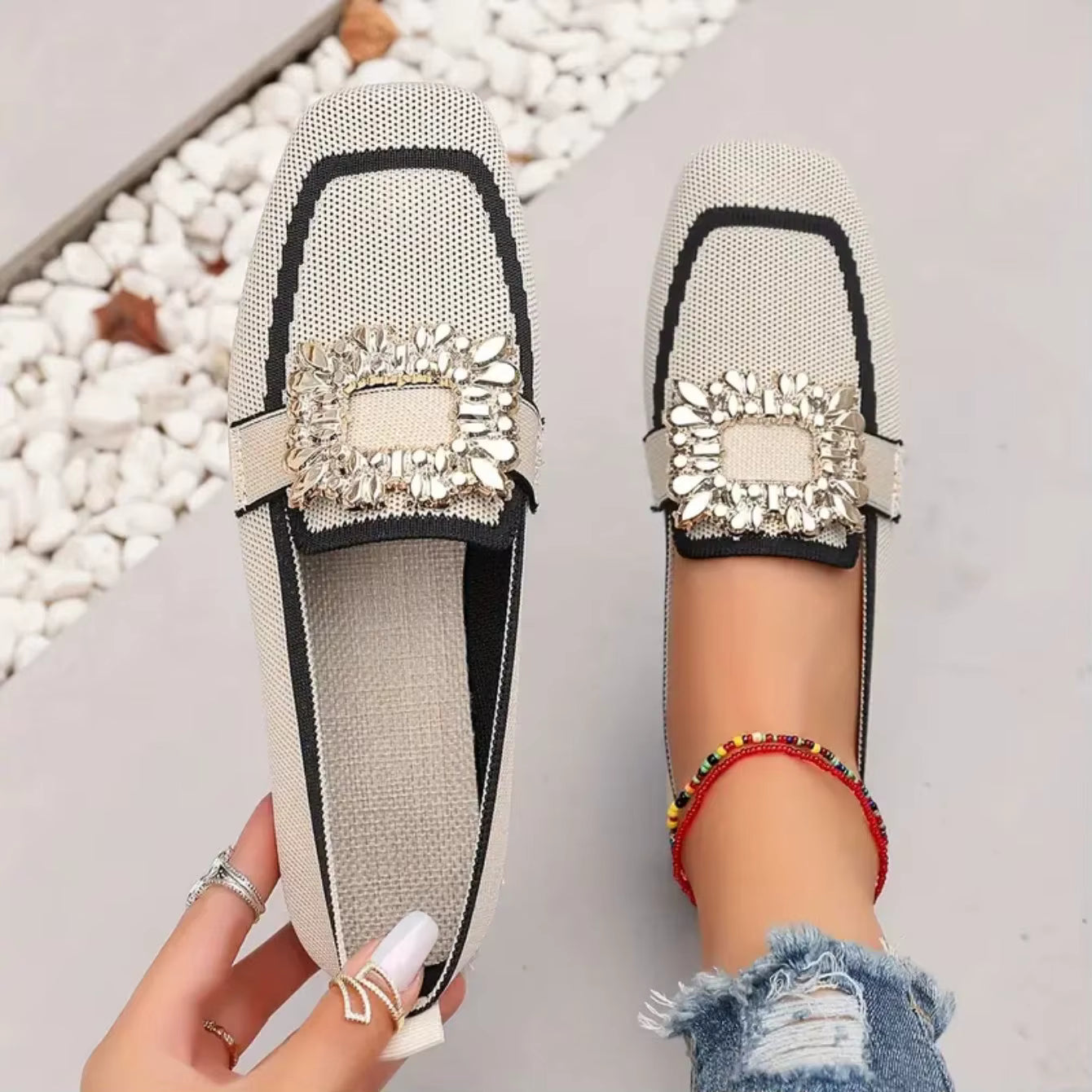Elegant Knitting Slip-on Square Head Breathable Flat Loafers