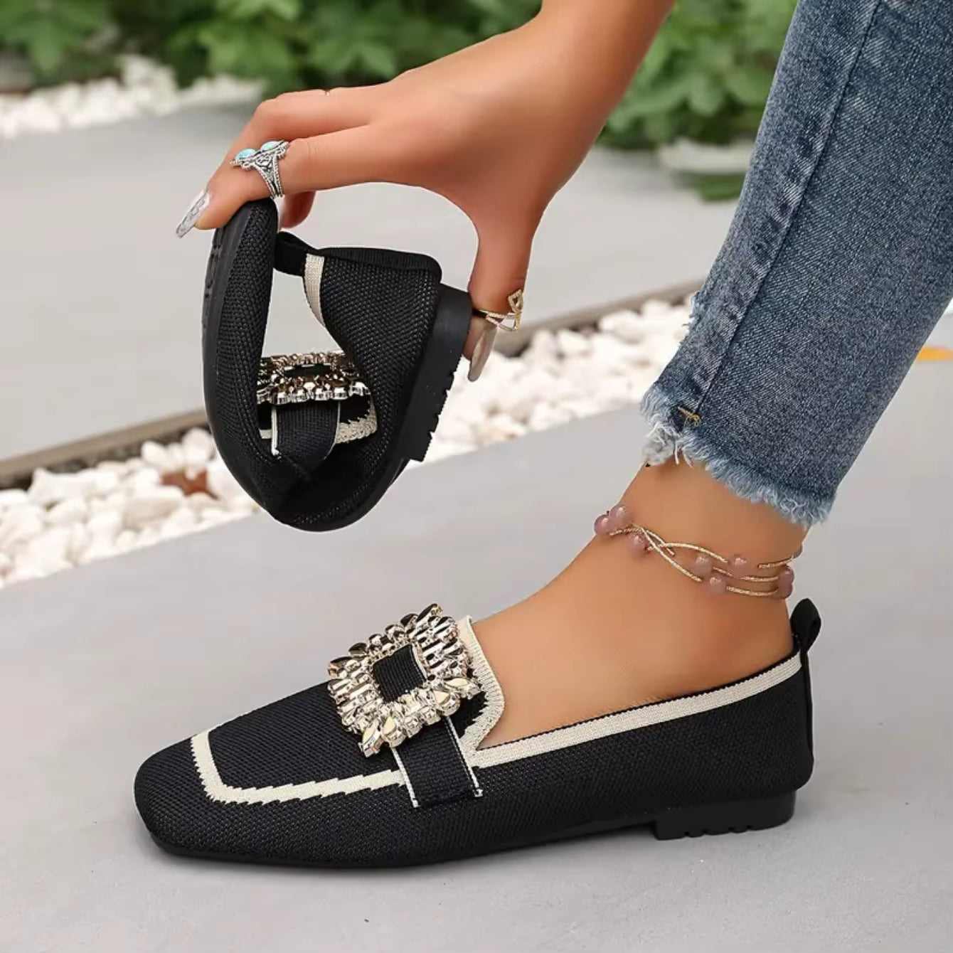 Elegant Knitting Slip-on Square Head Breathable Flat Loafers