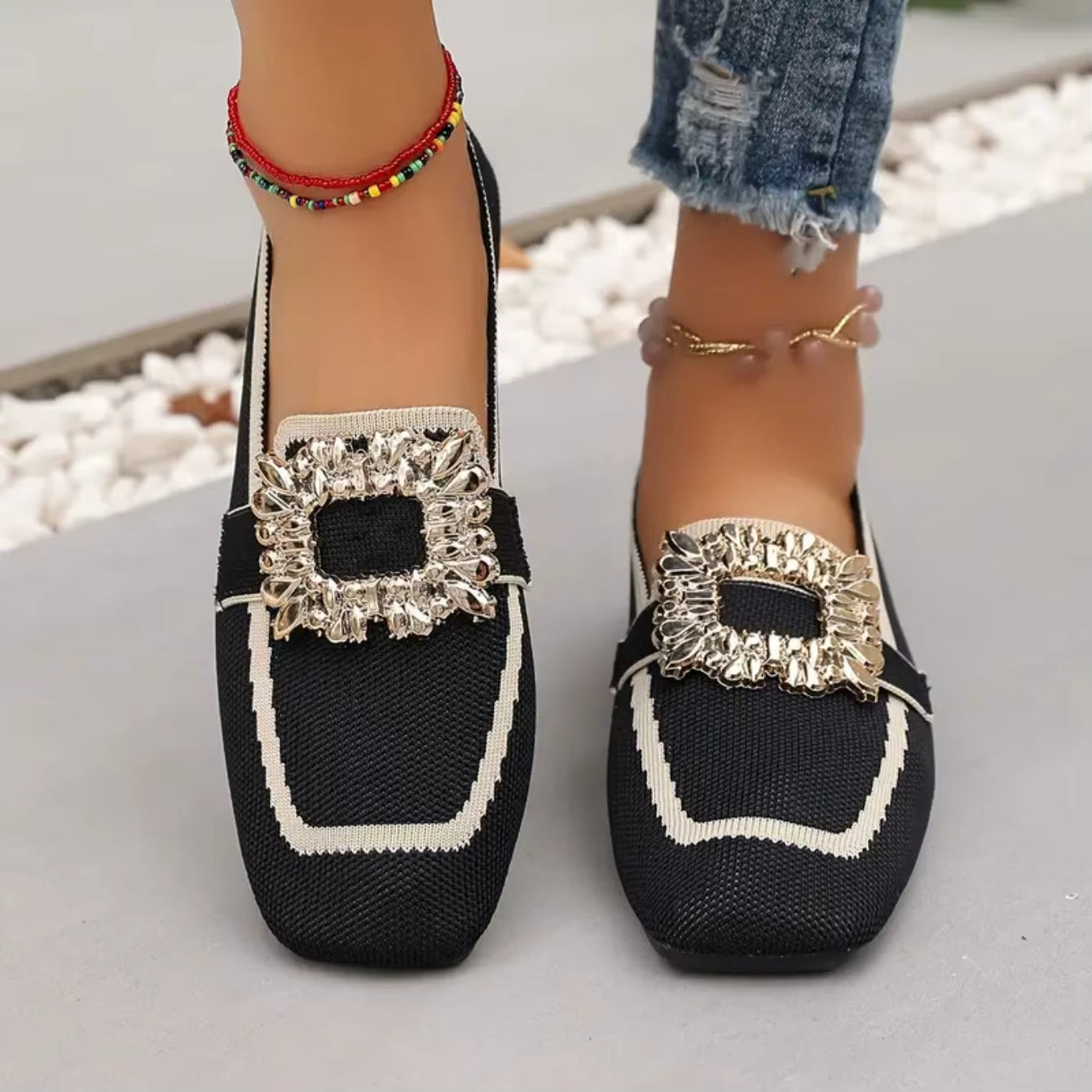 Elegant Knitting Slip-on Square Head Breathable Flat Loafers