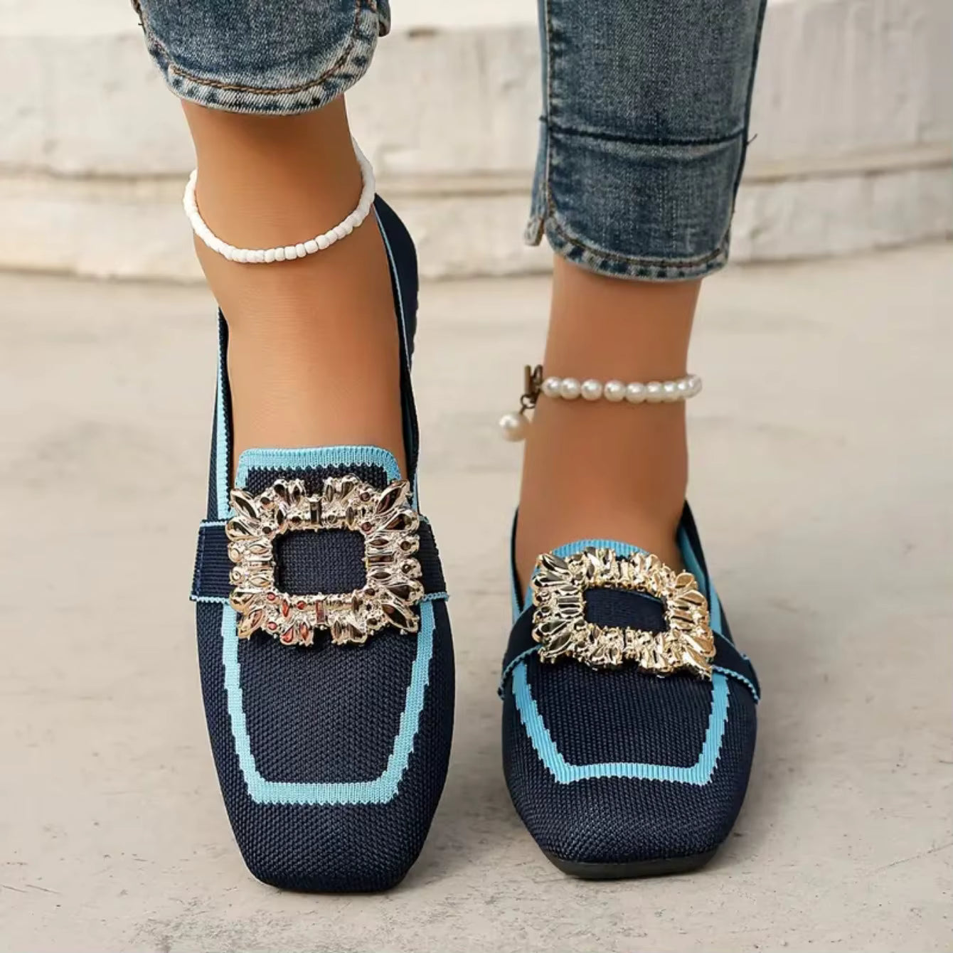 Elegant Knitting Slip-on Square Head Breathable Flat Loafers